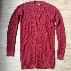 Long red knit cardigan